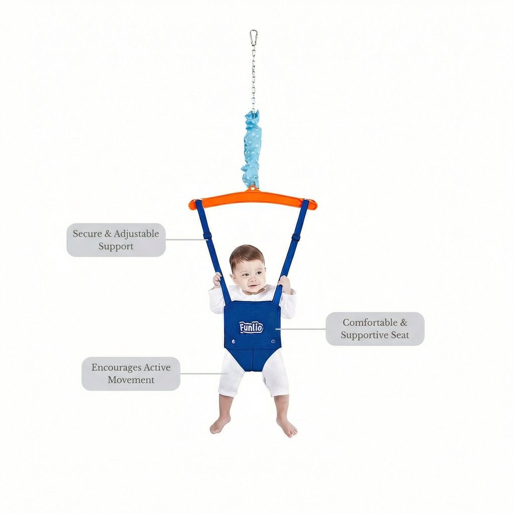 Baby using a hanging jumper with adjustable support straps, comfortable seat, and active movement benefits.