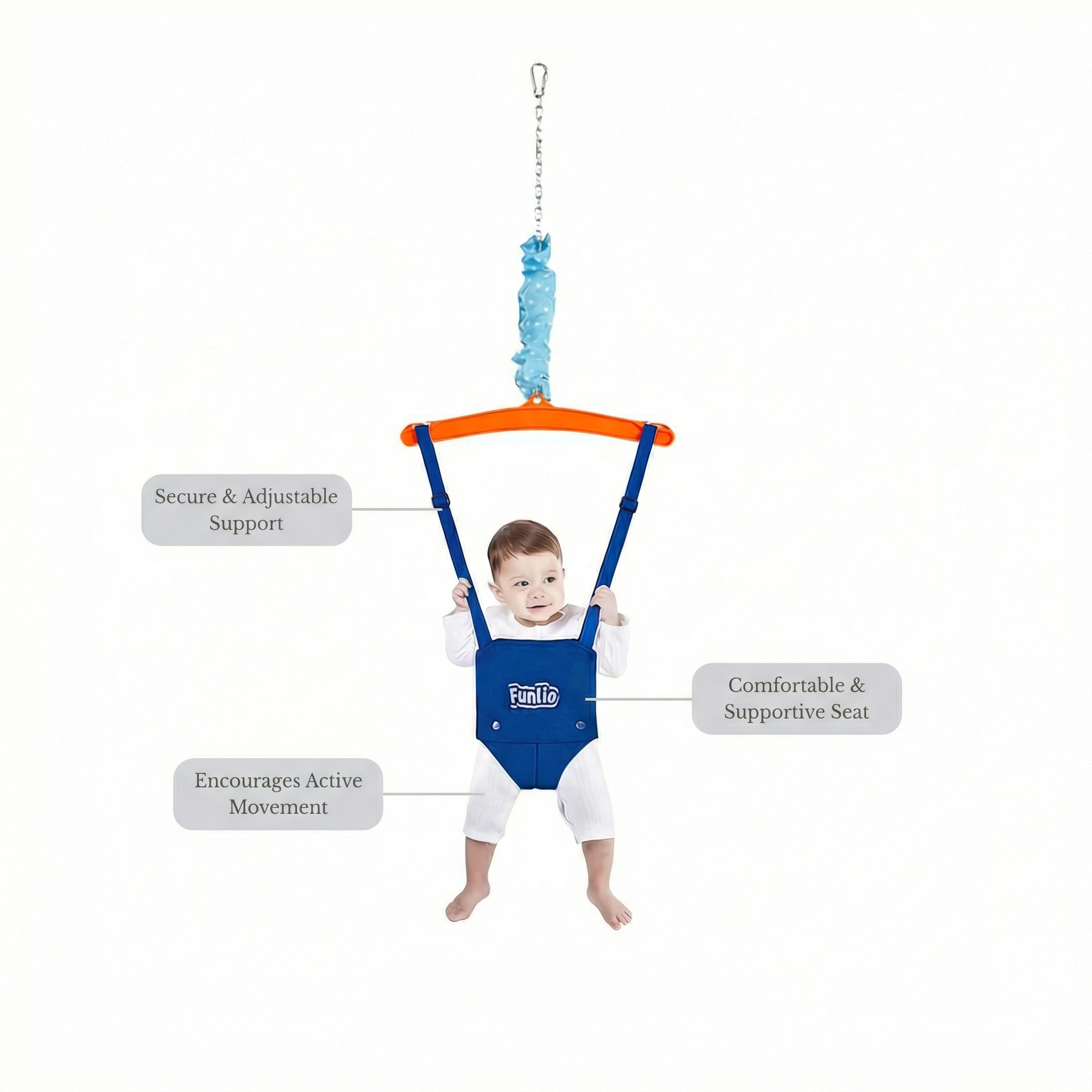 Baby using a hanging jumper with adjustable support straps, comfortable seat, and active movement benefits.