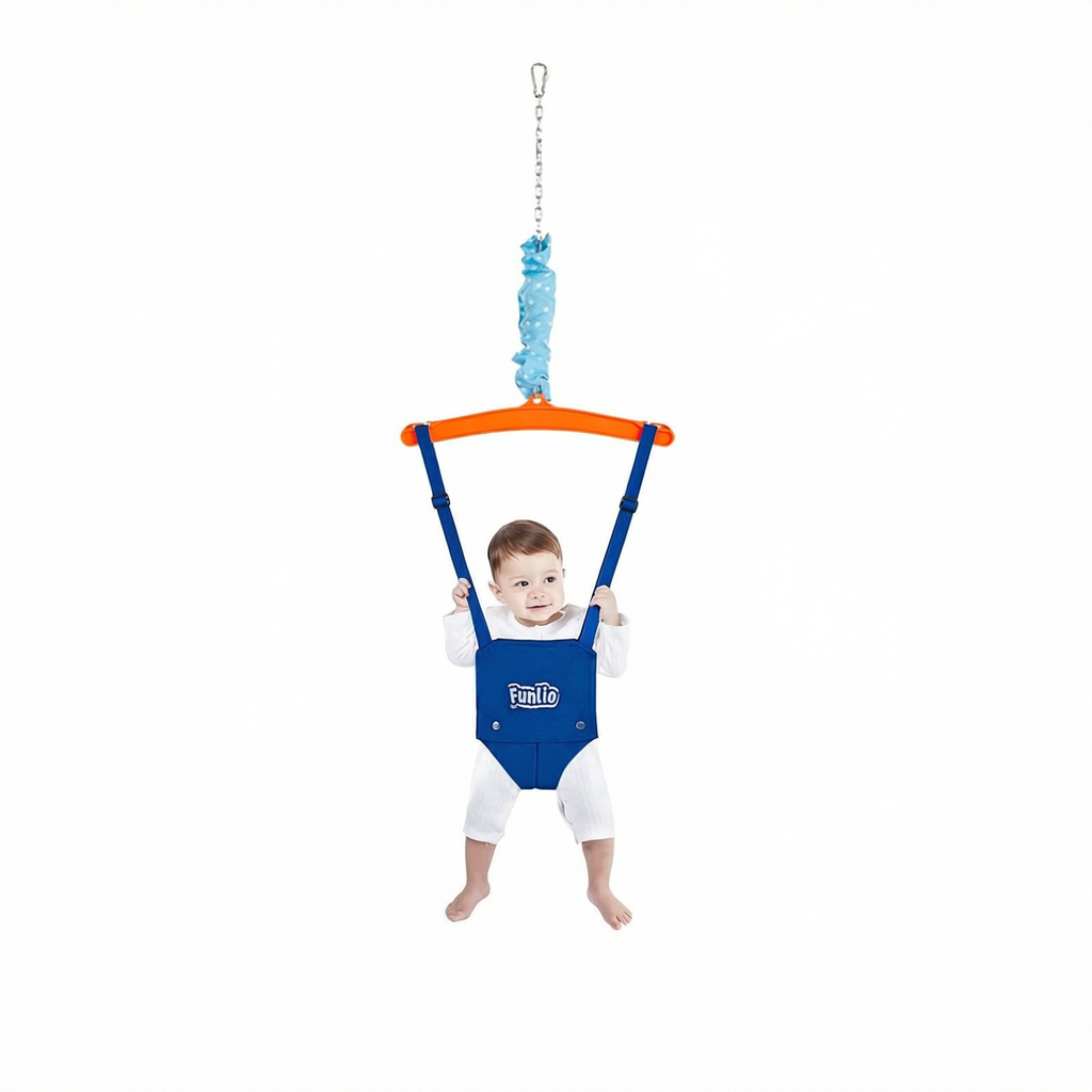 Baby using a hanging jumper exerciser with secure seat and adjustable straps on a white background.