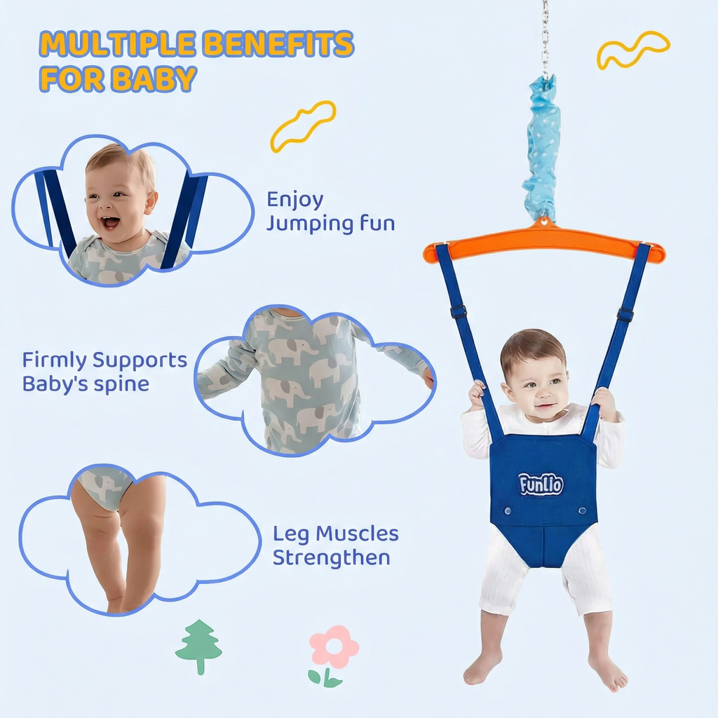 Infographic showing baby jumper benefits including jumping fun, spine support, and leg muscle strengthening.