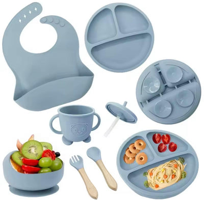 Grey silicone feeding set with suction plate, bib, bowl, sippy cup, straw lid and wooden baby utensils